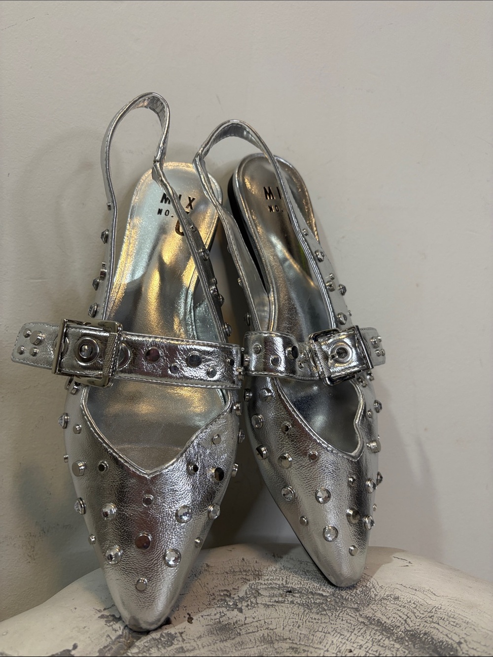 Flat Pointed Toe Slingback Shiny Silver Metal Stud and Large Rhinestone Buckle
